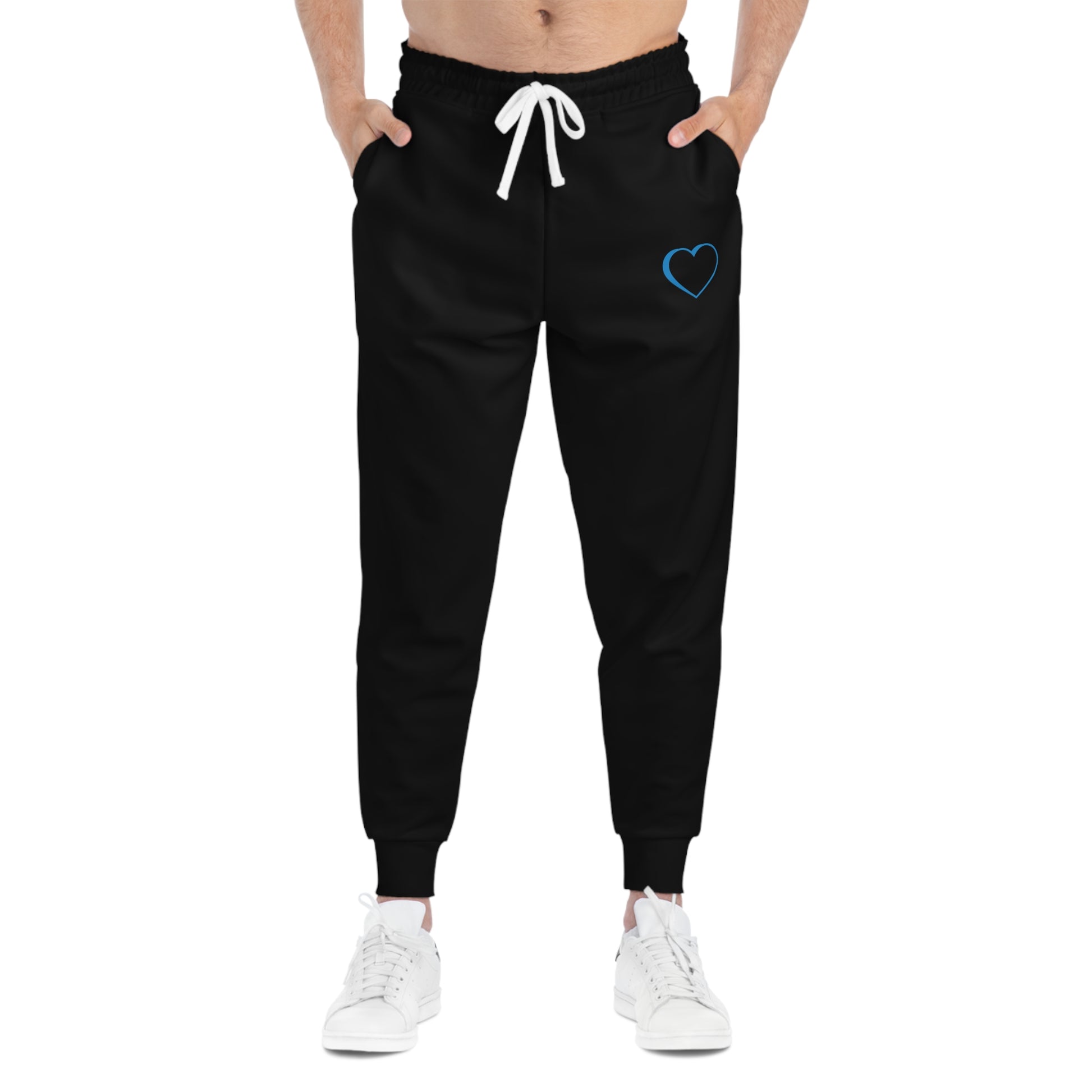 Blue logo black joggers front view.