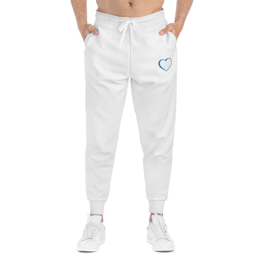 Blue logo white joggers front.