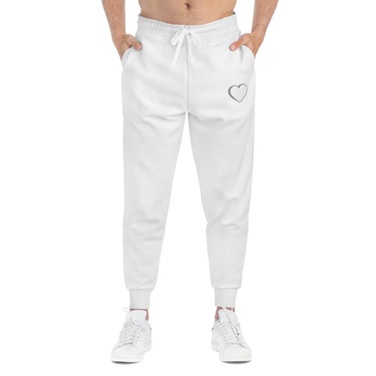 Gray logo white joggers front view.