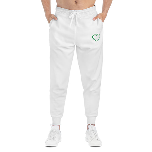 Green logo white joggers front view.