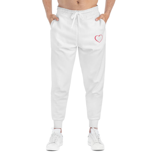 Pink logo white joggers front view.