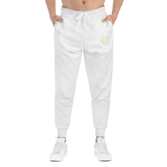 Yellow logo white joggers front view.